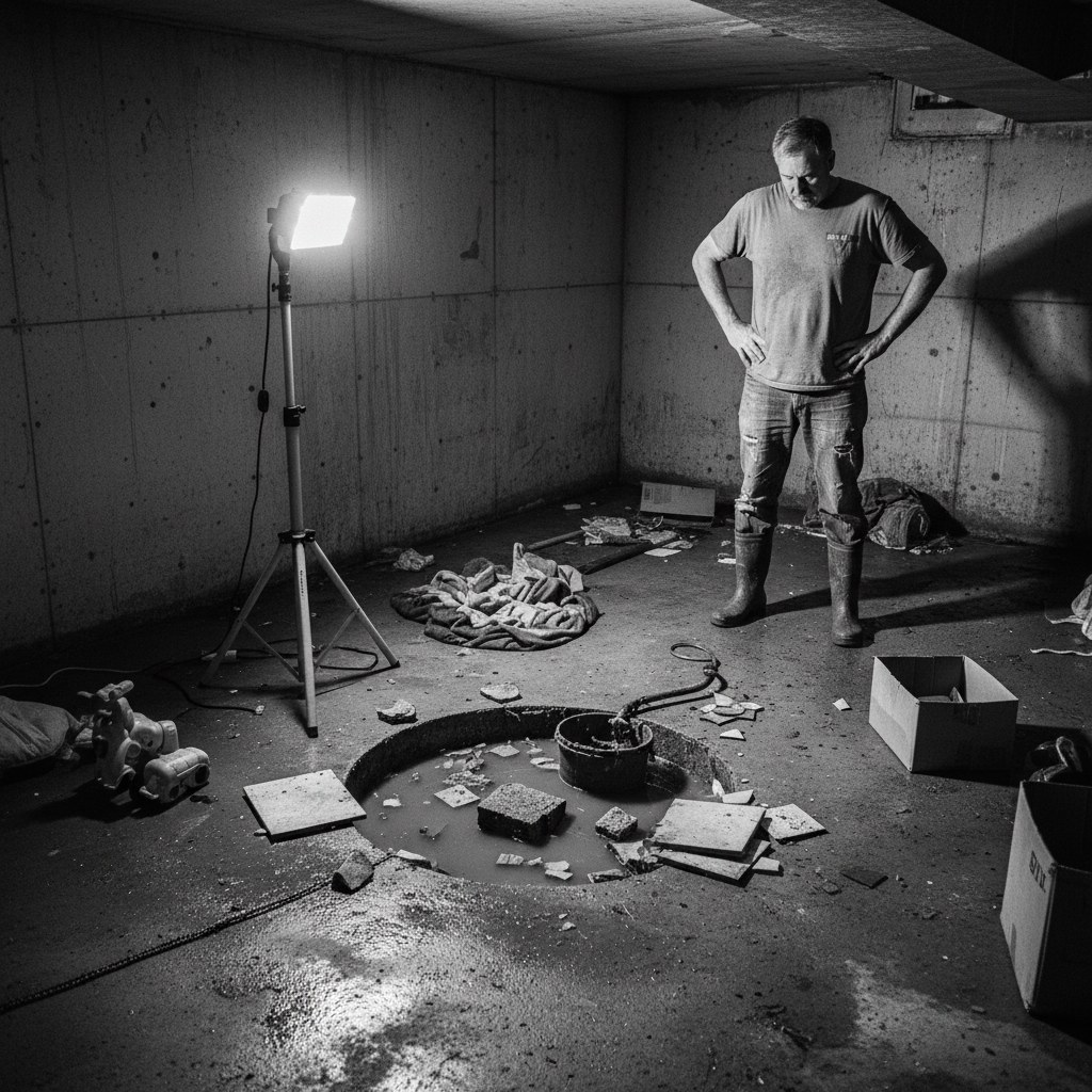 Sioux Falls residential basement immediately after a major spring storm with water marks and failed sump pit
